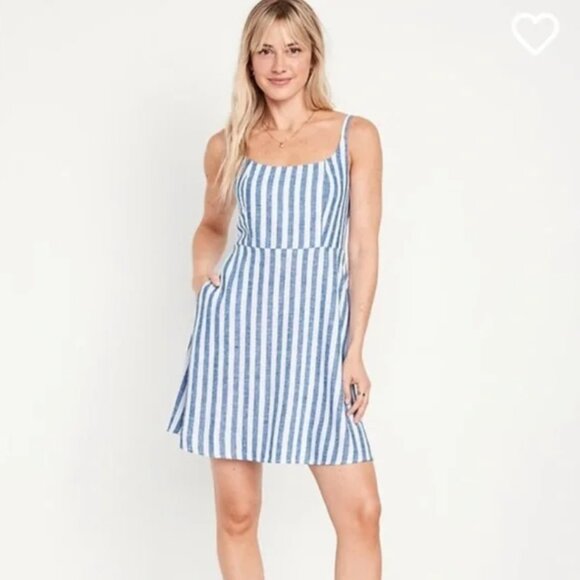 Old Navy White & Blue Striped Fit & Flare Linen-Blend Mini Dress L - Picture 2 of 8
